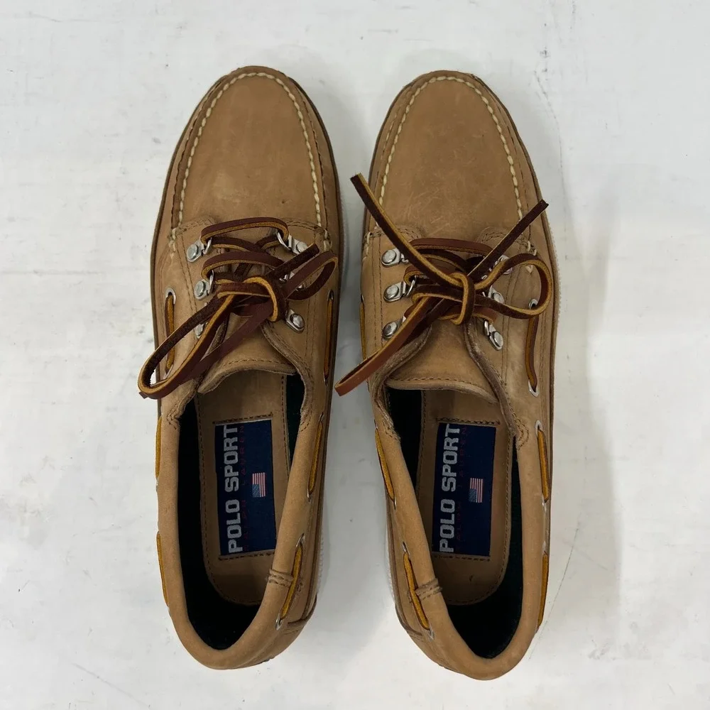 Polo Sport Ralph Lauren Boat Shoes Tan Leather Moc Toe Beige‎ Men's 8.5D VTG NEW